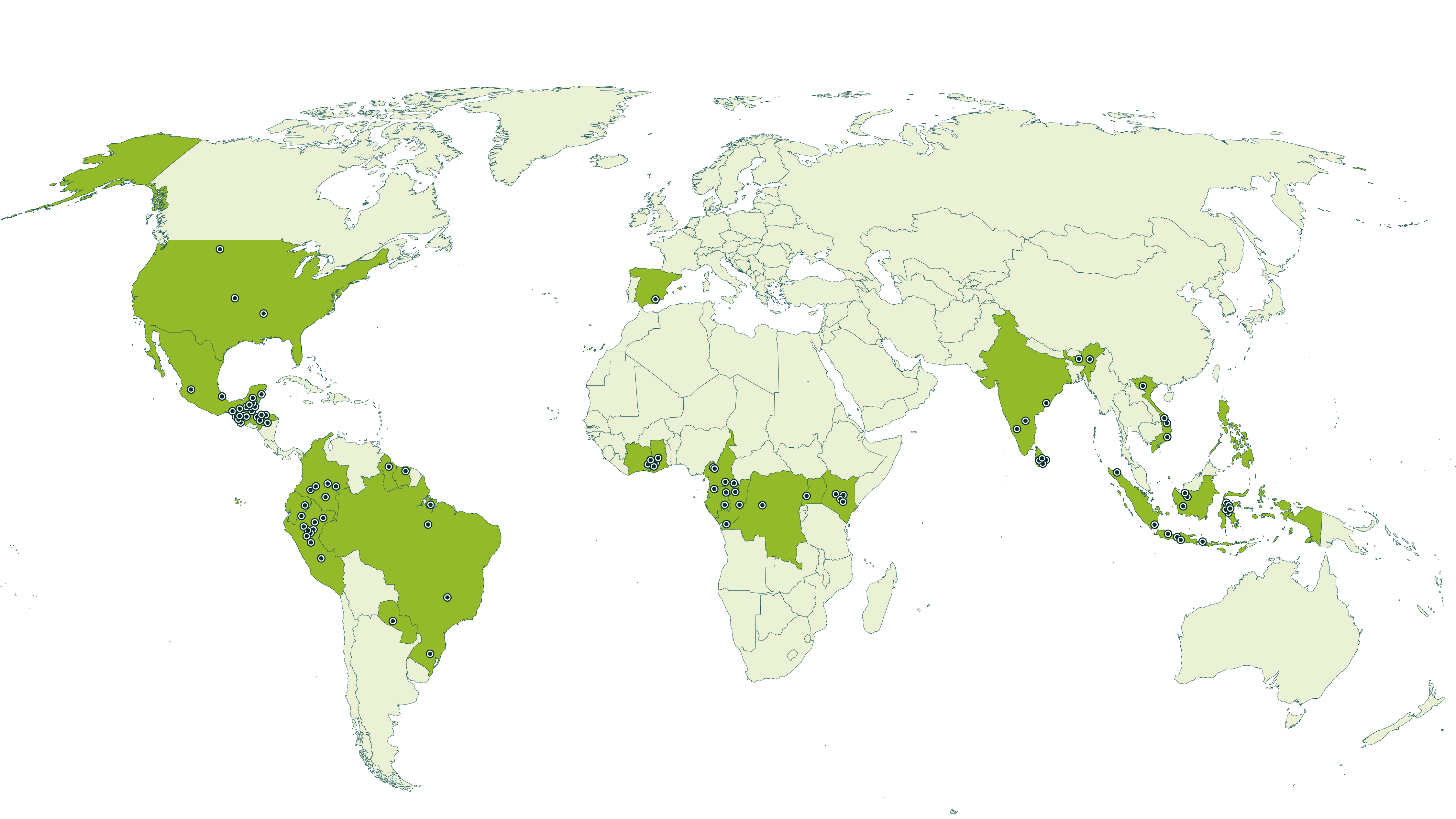 Map of current Rainforest Alliance certified landscape projects farms